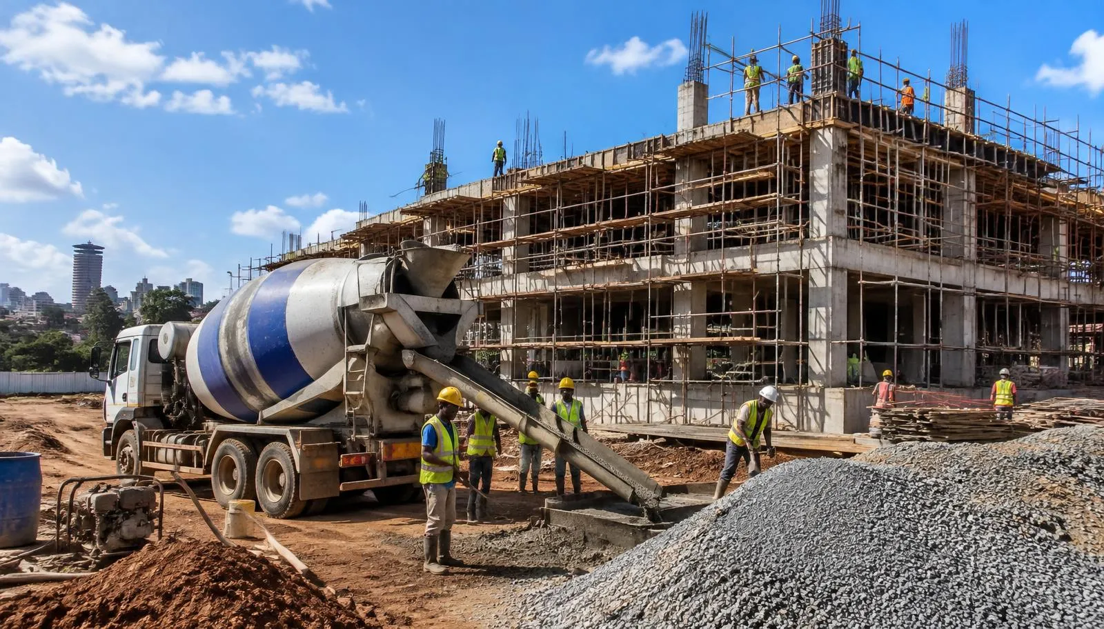 Construction site with scaffolding, workers and a concrete mixer truck