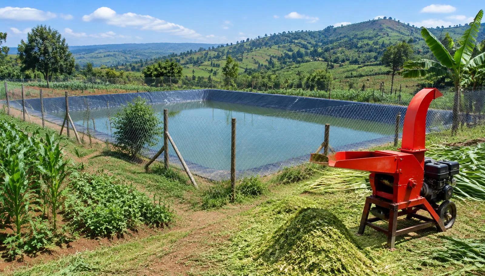 Farm with a dam liner water pan, chain-link fence and chaff cutter